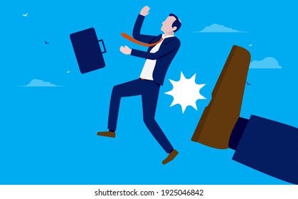 Man getting fired - Businessman flying trough air after being kicked in the back. Vector illustration.