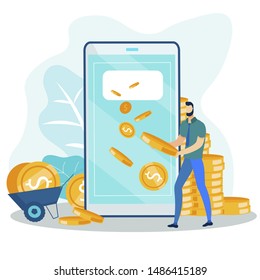 Man Getting Gold Coins via Mobile Phone Flat Cartoon. Online Money Income. Financial Transaction via Internet. Wireless Transfer and Payment through Electronic Wallet. Vector Illustration