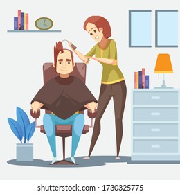 Man getting haircut by his wife at home vector. Wife cuts her husband's hair at home in pandemic situation vector art.