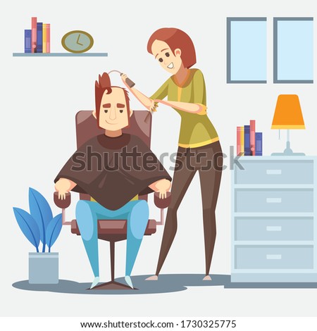 Man getting haircut by his wife at home vector. Wife cuts her husband's hair at home in pandemic situation vector art.