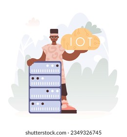 Man Getting a handle on the IoT Picture Inside parts the center of a Organize of Servers, Symbolizing the Interconnectivity and Mechanical Developments of Advanced Times.