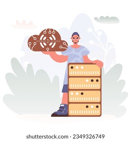 Man Getting a handle on the IoT Picture Inner parts parts the center of a Organize of Servers, Symbolizing the Interconnectivity and Mechanical Changes of Progressed Times.