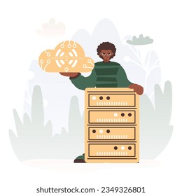 Man Getting a handle on the IoT Image Within the middle of a Organize of Servers, Symbolizing the Interconnectivity and Mechanical Movements of Progressed Times.