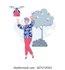 Man getting his purchase delivery with drone, cartoon vector illustration isolated on white background. Smart city and safe internet purchasing technology.