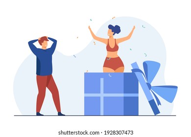 Man getting huge gift box with woman inside. Present, confetti, surprise flat vector illustration. Celebration and party concept for banner, website design or landing web page