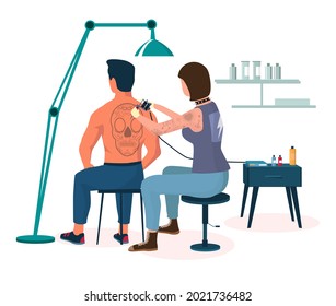 Man getting human skull tattoo on his back in studio, flat vector illustration. Tattoo salon, shop business, tattooing art concept.