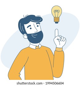 El hombre se hace idea y muestra gesto. El hombre encuentra solución o problema resuelto. Ilustración vectorial al estilo de las caricaturas.