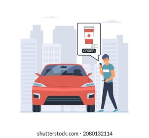 A man getting into a car makes an order for coffee on his smartphone. Vector illustration.