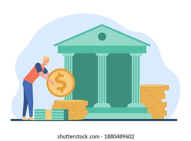 Man getting a loan. Bank building, saving, cash flat vector illustration. Finance, money, banking concept for banner, website design or landing web page