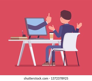 Man getting lost at computer. Discouraged male manager working to achieve nothing, negative hand gesture from monitor showing the loss of all hope, despairing business result. Vector illustration
