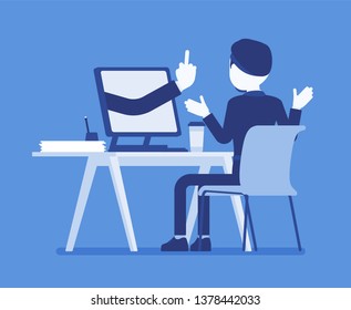 Man getting lost at computer. Discouraged male manager working to achieve nothing, negative gesture from monitor showing the loss of all hope, business result. Vector illustration, faceless character