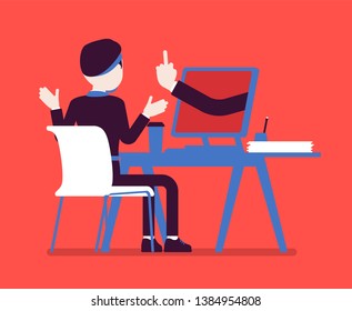 Man getting lost at computer. Discouraged male manager working to achieve nothing, negative gesture from monitor showing the loss of all hope, business result. Vector illustration, faceless character