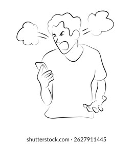 man getting mad on smartphone illustration vector hand drawn with black lines isolated on white background.