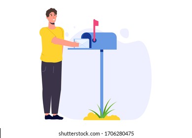 Man Getting Mail From Mail Box. Vector Illustration