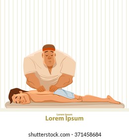 man getting a massage, cartoon characters, spa, relaxation, wellness salon, vector illustration