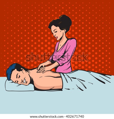 man getting a massage, pop art, spa, relaxation, wellness salon, retro style, vector illustration