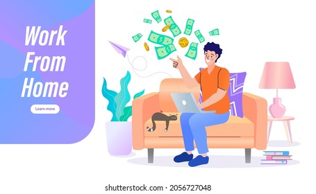 Man getting money from the computer. business concept illustration. Earning money in the internet, freelance, business online. working from home, teaching and learning online, Remote work.