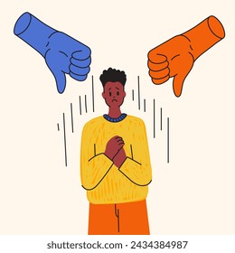 Man getting negative reactions, comments on social media. Harsh criticism. Person worried about criticism from others. Depression due to bullying. Stop violence. Opinion of others puts pressure on man