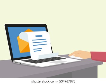 Man is getting a newsletter via e-mail. Flat illustration of human hand working with laptop at home and receiving instant promotion newsletter. Open envelope with white letter paper