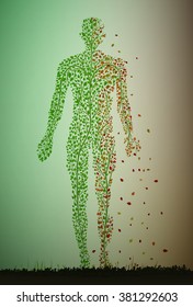 man is getting older idea, age concept, dying tissue concept, skin problem idea, man silhouette  build with small green leaves and growing in soil,  vector,