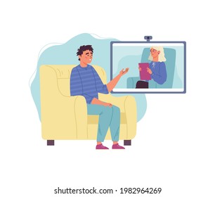 Mann, der eine psychologische Unterstützung online erhält, flache Vektorgrafik einzeln auf weißem Hintergrund. Man spricht mit seinem Psychologen über Videotelefontechnologie.
