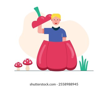 A man is getting out of a big red bell pepper, eating healthy and fresh food. Character design. Vector flat illustration