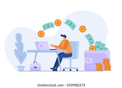 Man Getting Paid From Online Work. Coins And Dollar Bills Fly Into Wallet. Businessman Has Passive Income. Financial Freedom Concept. Flat Vector Illustration