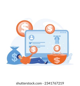 man getting paid from online work, person relaxing with computer paying money in her wallet, flat vector modern illustration