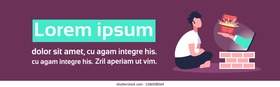 man getting prize human hand hold treasure dower chest full golden money from laptop screen victory concept copy space horizontal banner flat vector illustration