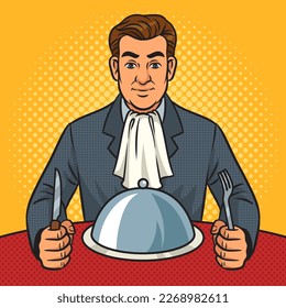 man getting ready to eat pop art retro vector illustration. Comic book style imitation.