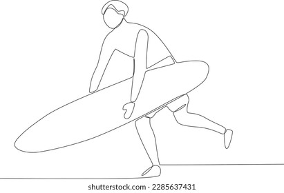 A man getting ready to put his surfboard on the beach. Surfing one-line drawing