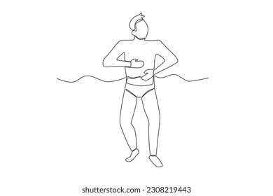 A man getting ready to swim on the beach. Swimming in beach one-line drawing