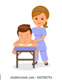 Man getting relaxing massage in spa. Masseuse makes wellness massage. Isolated vector illustration in the flat style