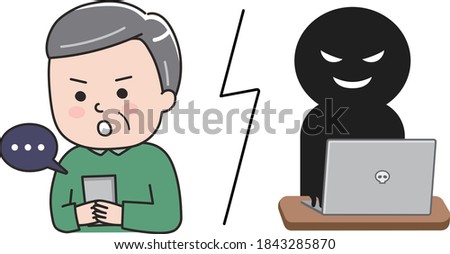 Man getting scammed by a fake website on tablet or smartphone. Vector illustration isolated on white background.