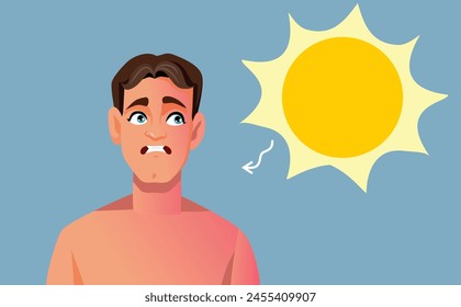 
Man Getting Sunburns from Heated Sun Vector Cartoon Illustration. Stressed guy having problem with skin redness 
