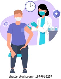 Man getting vaccinated by female doctor with a syringe in a hospital to prevent spread of disease.