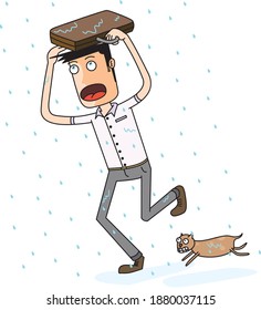man getting wet by rain on the way home