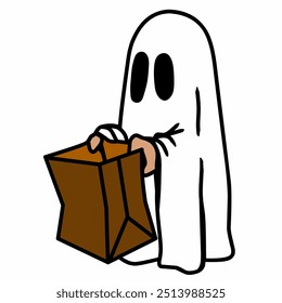 A man in a ghost costume carrying a Halloween bag