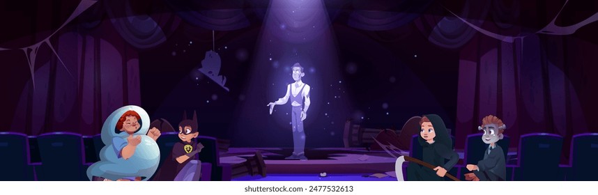 Man ghost at Halloween on stage and hiding children. Child friends character at night holiday carnival in scary costume on performance with spotlight inside. Abandoned horror scene with cobweb