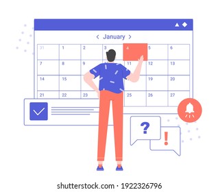 Man and a giant calendar. Planning tasks for a month, making an appointment with a doctor, time management, organizing the day. Organizer application, notifications. Vector flat illustration.