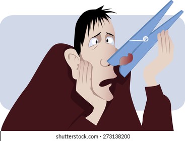 Man with a giant clothespin pinched on his nose as a metaphor for a stuffy nose, vector illustration, no transparencies, EPS 8
