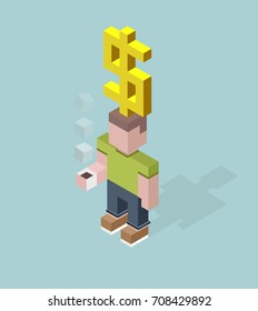 Man with giant dollar sign overhead, isometric cubes composition. Financial success, valuable employee, savings, deposit, big profit, good idea concepts. Vector illustration