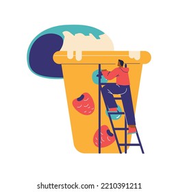 Man with giant yogurt jar for healthy snacks topic, flat cartoon vector illustration isolated on white background. Organic nutrition and healthy dairy snack.