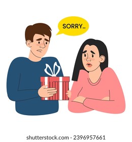 Man with a gift asking for forgiveness vector isolated. Sad beautiful woman. Couple after quarrel, young adult with a gift surprise.