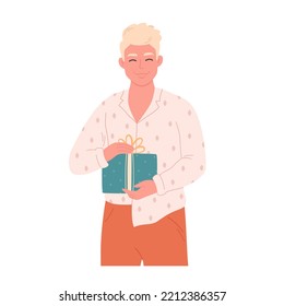 Man with a gift box. Boxing day, Happy Birthday, Merry Christmas, Christmas sale, Happy Holidays. Hand drawn vector illustration
