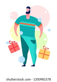 Man with Gift Box Cartoon Vector Illustration. Customer Choosing Anniversary, Birthday Presents. Giveaway, Free Surprises. Confident Male Flat Character in Gift Shop, Store. Holiday Shopping. Greeting