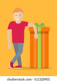 Man with gift box. Giving present concept. Smiling boy standing near box decorated with ribbon bow flat vector illustration isolated. Birthday, valentine, christmas, fathers or mothers day celebrating