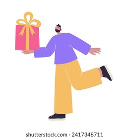 Man with a gift box. Happy man with a big gift box in his hand. Man with a holiday present. Flat vector illustration