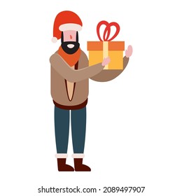 Hombre con caja de regalo, ropa de invierno de clima frío, gorra, abrigo caliente, botas. Estilo plano de la caricatura