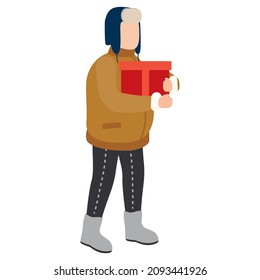 Man with with gift box, winter cold weather clothes, cap, warm coat, boots. Cartoon flat style